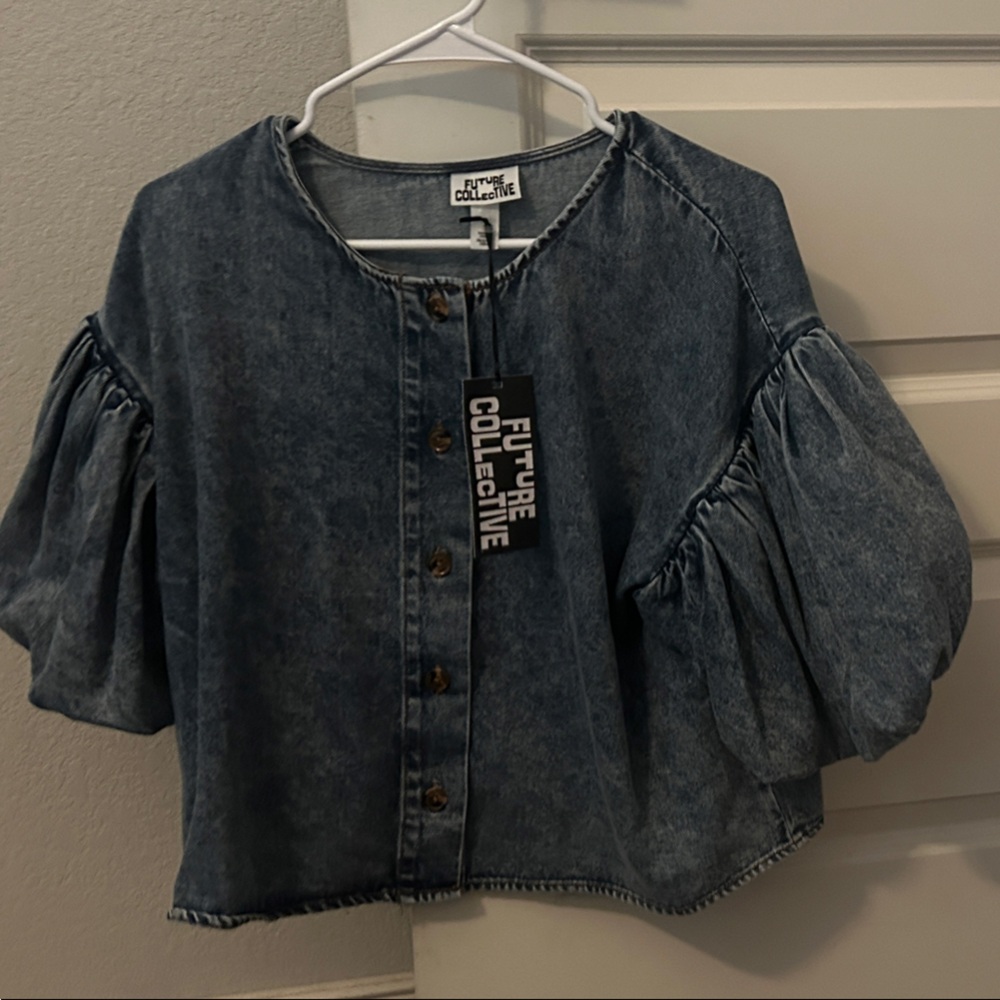 Denim Puff Sleeve Crop Top